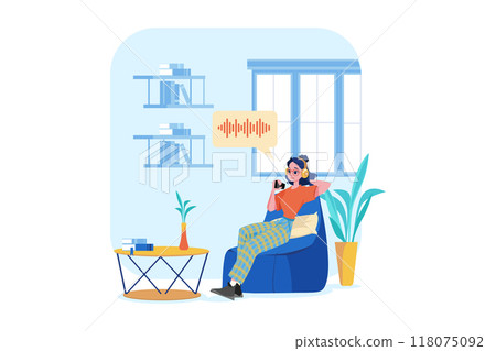 Woman listening to a podcast while sitting on beanbag Woman listening to a podcast while sitting on beanbag 118075092