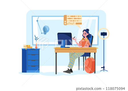 Woman editing podcast at the studio 118075094