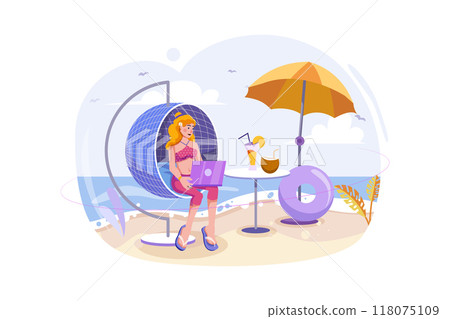 Girl working on vacation Illustration concept. Flat illustration isolated on white background 118075109