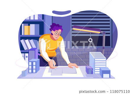Man working till late hours Illustration concept. Flat illustration isolated on white background 118075110