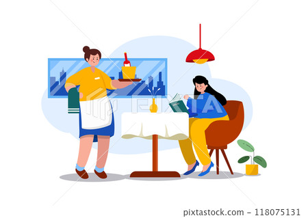 Waiter serving food to woman 118075131