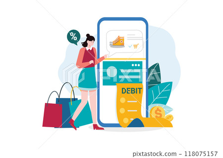 Woman paying online through debit card Woman paying online through debit card 118075157