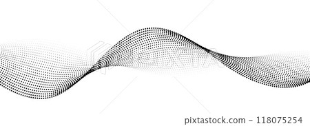Dotted wave line pattern. Black halftone undulate background. Abstract particle flow wallpaper. Curved dashed gradient net element for poser, banner design, presentation, booklet, flyer. Vector Dotted wave line pattern. Black halftone undulate background. Abstract particle flow wallpaper. Curved dashed gradient net element for poser, banner design, presentation, booklet, flyer. Vector 118075254