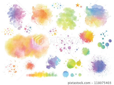 Colorful watercolor textures with splashes and stars set 118075403