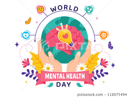 World Mental Health Day Vector Illustration on October 10 featuring Mental Health Awareness a Symbol with the Brain and Flowers in a Flat Background 118075494