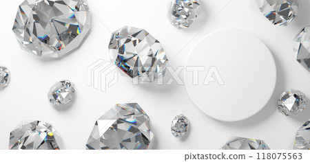 Multiple diamonds on a pedestal on a white background. Top view. Copy space. 3D (landscape) 118075563