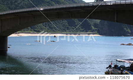 Blue Sea of Japan, green mountains, blue summer sky and sea bridge 118075670