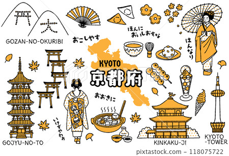 Simple and cute illustration set related to Kyoto prefecture (2 colors) 118075722