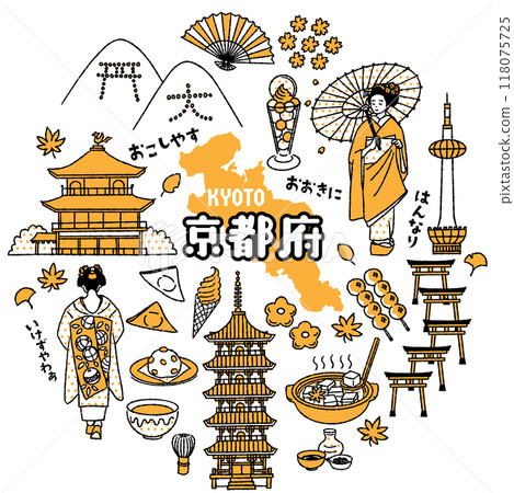 Simple and cute illustration set related to Kyoto prefecture (2 colors) 118075725