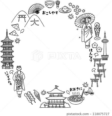 Simple and cute circular frame of illustrations related to Kyoto Prefecture (monochrome) Simple and cute circular frame of illustrations related to Kyoto Prefecture (monochrome) 118075727