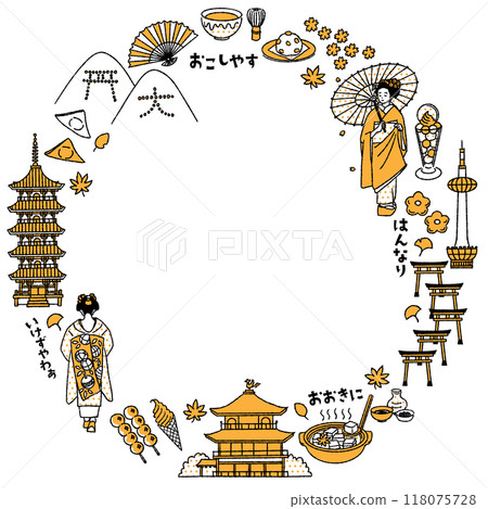 A simple and cute circular frame of illustrations related to Kyoto Prefecture (2 colors) A simple and cute circular frame of illustrations related to Kyoto Prefecture (2 colors) 118075728