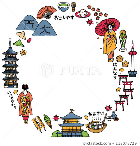 Simple and cute circular frame of illustrations related to Kyoto Prefecture (colorful) 118075729