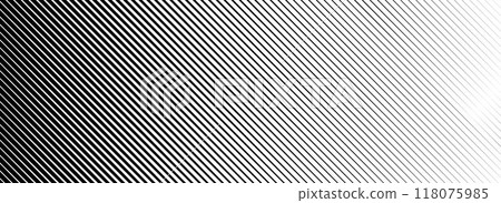 Slant line halftone gradation texture. Fading diagonal stripe gradient background. Black oblique pattern backdrop. Vanishing thin parallel line wallpaper for overlay, print, cover. Vector 118075985