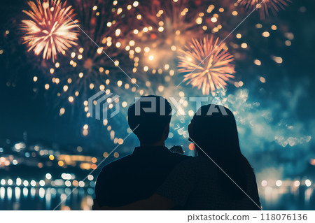 一對夫婦仰望煙火的照片 7 AI 生成的圖像 118076136