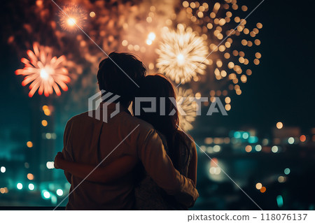 一對情侶仰望煙火的照片 8 AI 生成的圖像 118076137