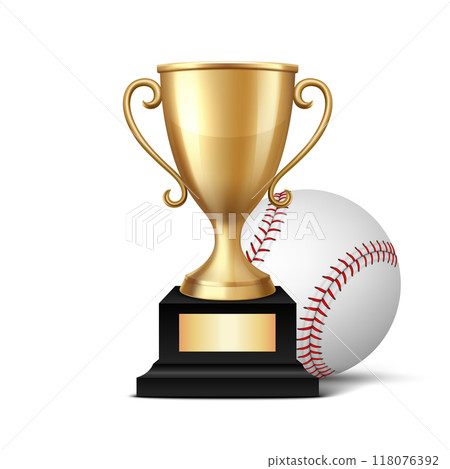 Vector 3d Realistic Metal Yellow Golden Champion Cup and Baseball Set, Isolated. Championship Trophy Design Template for Sports Concept, Front View 118076392