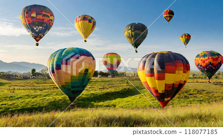 Multiple colorful hot air balloons over a grass field 118077185