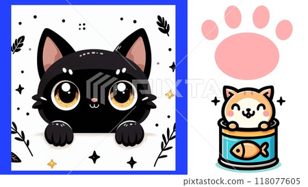 Cute black cat with paws and cat food illustration set 118077605