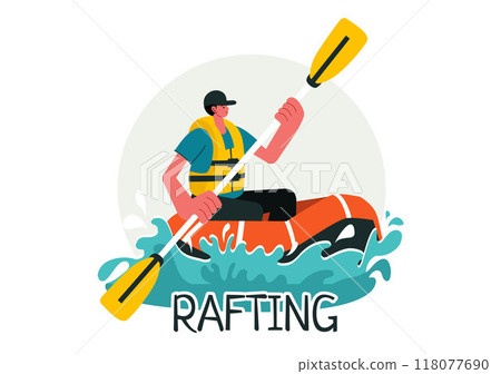 Rafting Vector Illustration featuring People Engaging in Water Sports on a Lake, Canoeing, Sitting in a Boat, and Holding Paddles in the Background 118077690