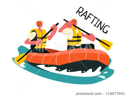 Rafting Vector Illustration featuring People Engaging in Water Sports on a Lake, Canoeing, Sitting in a Boat, and Holding Paddles in the Background Rafting Vector Illustration featuring People Engaging in Water Sports on a Lake, Canoeing, Sitting in a Boat, and Holding Paddles in the Background 118077691