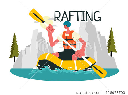 Rafting Vector Illustration featuring People Engaging in Water Sports on a Lake, Canoeing, Sitting in a Boat, and Holding Paddles in the Background Rafting Vector Illustration featuring People Engaging in Water Sports on a Lake, Canoeing, Sitting in a Boat, and Holding Paddles in the Background 118077700