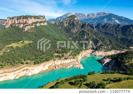 Summer view of Llosa del Cavall reservoir on Cardener River in Spain 118077774