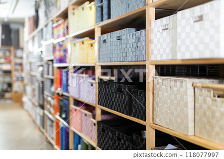 Hardware store shelves filled with boxes for linen closeup 118077997