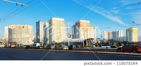 Modern residential area Malinovka and cars on the wide street in capital Minsk. Republic of Belarus 118078164