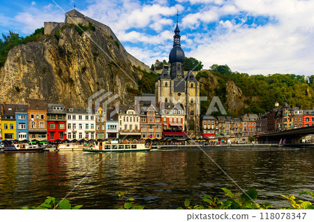 Residential buildings and Notre Dame de Dinant along Meuse River Residential buildings and Notre Dame de Dinant along Meuse River 118078347