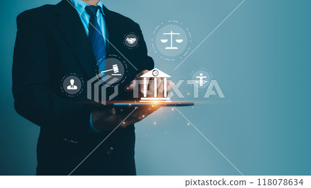 Businessman holding tablet and virtual global law icons on for business legal advice, Labor law, Lawyer, Attorney at law, Legal advice business concept, Lawyer icon, Lawyer man, Lawyer background. 118078634