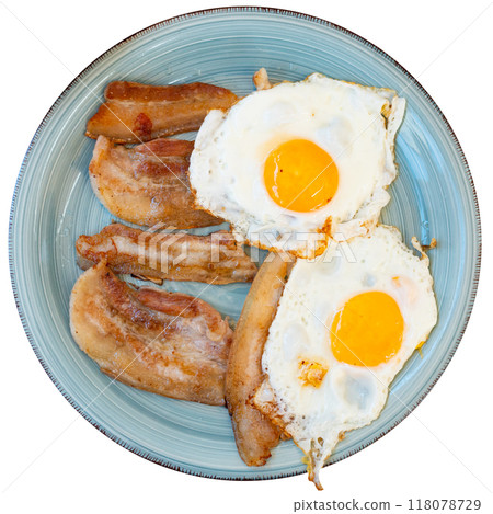 Hearty homemade breakfast - fried eggs with bacon, bread, coffee drink 118078729