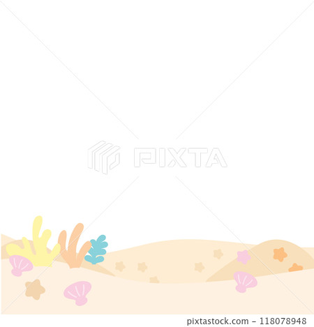 Under the sea square frame with coral reef, pearl shell, starfish, sand for background, wallpaper, backdrop, ad template, photo frame, banner, social media, poster, souvenir shop, aquarium, card print 118078948