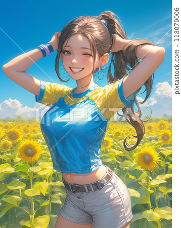 Fitness girl shining in a summer sunflower field 118079006