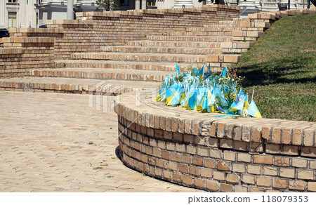 Kyiv, Ukraine July 6, 2024: Ukrainian flags in support of the Ukrainian Armed Forces in the center of Kyiv during the war with Russia Kyiv, Ukraine July 6, 2024: Ukrainian flags in support of the Ukrainian Armed Forces in the center of Kyiv during the war with Russia 118079353