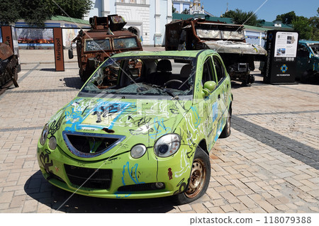 Kyiv, Ukraine June 6, 2024: Graffiti by Ukrainian soldiers on Russian military equipment destroyed on the battlefield, which was brought and put on public display in Kyiv Kyiv, Ukraine June 6, 2024: Graffiti by Ukrainian soldiers on Russian military equipment destroyed on the battlefield, which was brought and put on public display in Kyiv 118079388