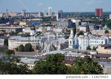 Kyiv, Ukraine July 6, 2024: Podil district of Kyiv city view from above Kyiv, Ukraine July 6, 2024: Podil district of Kyiv city view from above 118079403