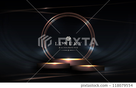 Design with gold glittering podium, round frame on black turquoise background 118079554