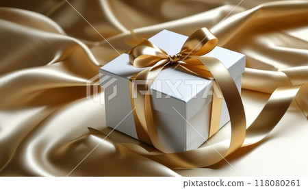 Luxurious white gift box with a golden ribbon on a silky background, ideal for special occasions and celebrations. 118080261
