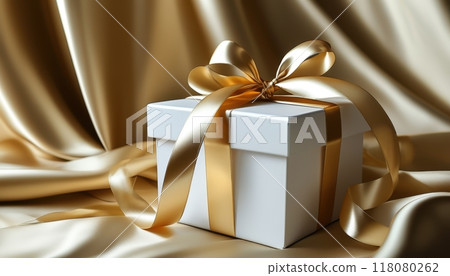 Luxurious white gift box with a golden ribbon on a silky background, ideal for special occasions and celebrations. 118080262