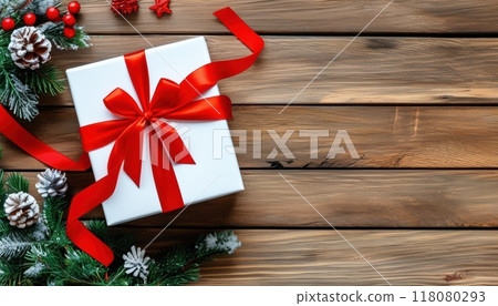 Close-up of red and white gift boxes with bows, perfect for holiday and Christmas celebrations. 118080293