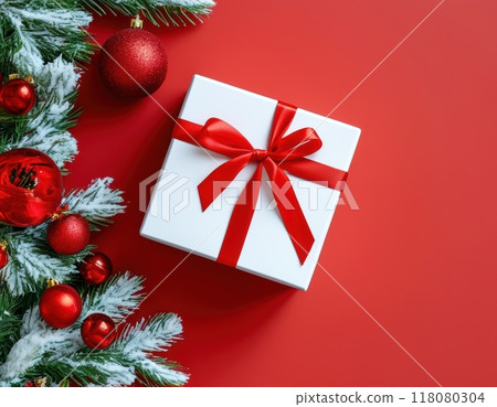 Close-up of red and white gift boxes with bows, perfect for holiday and Christmas celebrations. 118080304
