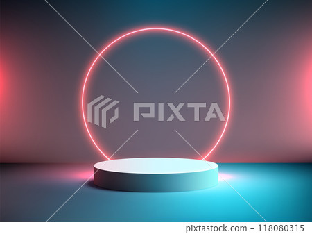 Futuristic 3D Blue Podium with Glowing Red Neon Circle on a Vibrant Blue Backdrop, Perfect for Technology Showcases, Product Display, Mockup 118080315