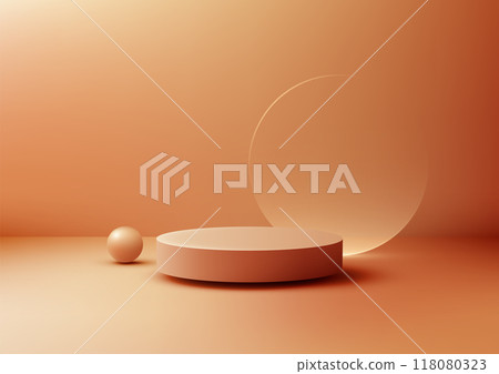 Minimalist 3D Orange Podium with Transparent Glass Circle and Sphere on Warm Orange Background for Product Display Mockup Showcase 118080323