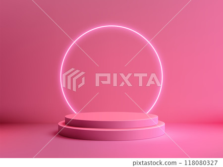Minimal 3D Pink Podium with Glowing Neon Circle, Modern Product Display, Mockup, and Showcase on Pink Background, Stylish Design for Commercial, Marketing Minimal 3D Pink Podium with Glowing Neon Circle, Modern Product Display, Mockup, and Showcase on Pink Background, Stylish Design for Commercial, Marketing 118080327