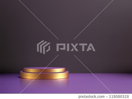 Luxury 3D Gold Podium on Purple Floor in Dark Background, Modern Product Display, Mockup, and Showcase, Elegant and Stylish Design for Contemporary Presentations Luxury 3D Gold Podium on Purple Floor in Dark Background, Modern Product Display, Mockup, and Showcase, Elegant and Stylish Design for Contemporary Presentations 118080328