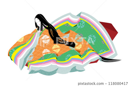 Illustration of a woman in a traditional Japanese kimono from the Heian period Illustration of a woman in a traditional Japanese kimono from the Heian period 118080417