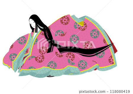 穿著日本平安時代風格和服的女人的圖像插圖 穿著日本平安時代風格和服的女人的圖像插圖 118080419