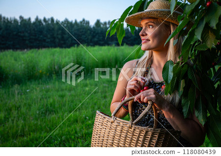 A beautiful woman holding a basket full of cherries, watches the summer sun set with a smile 118080439