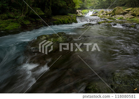 冬季菊池溪谷美麗的山谷風景和美麗的流水 冬季菊池溪谷美麗的山谷風景和美麗的流水 118080581