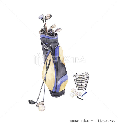 Golf bag with basket, balls, clubs 118080759